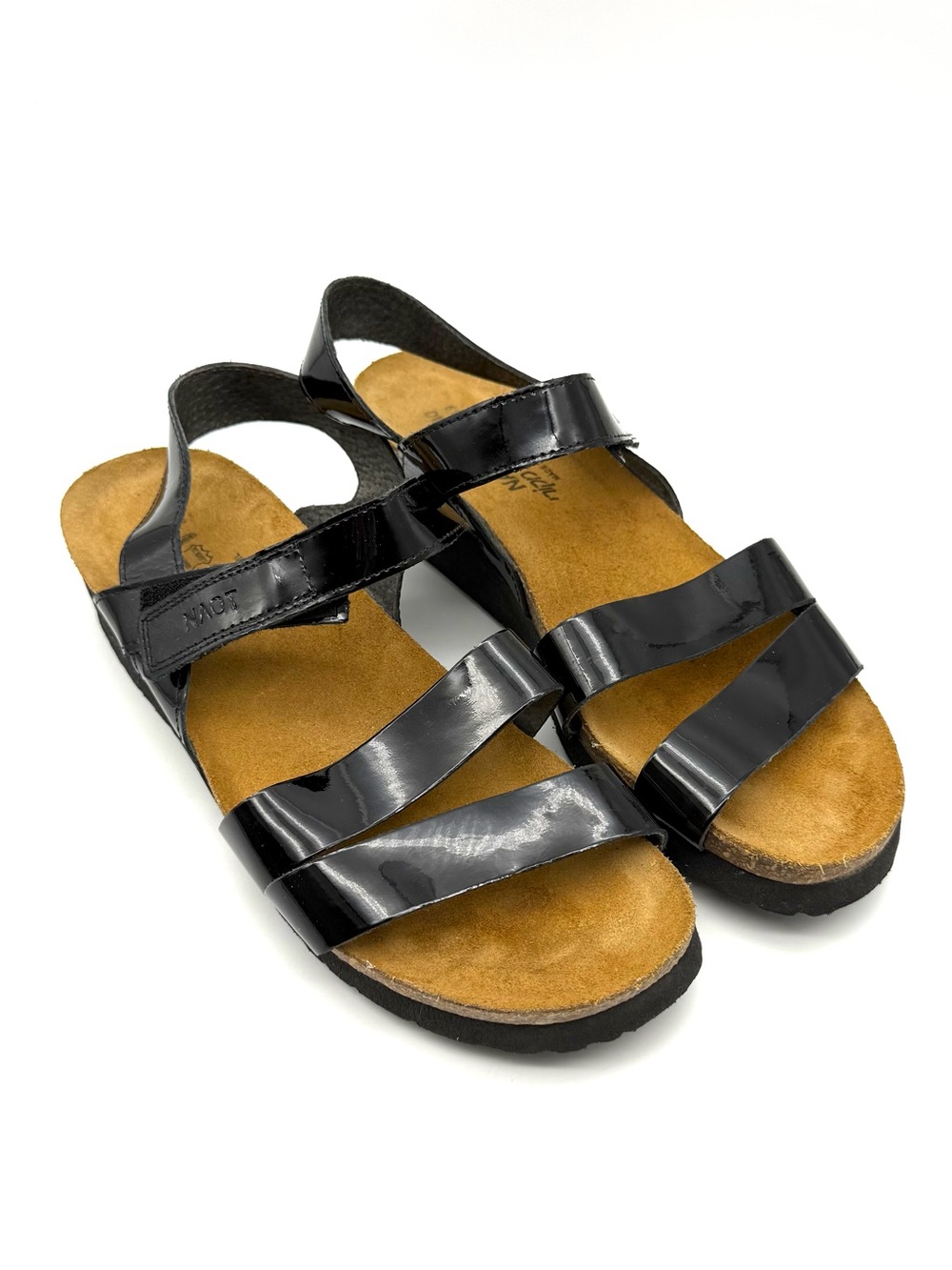 NAOT Kayla Sandal Black Patent Leather EU 40 US 9 Strappy Wedge